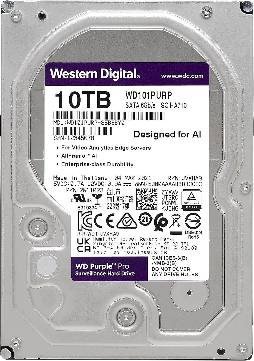 Western Digital WD Purple Pro 10TB WD101PURP Hard Drive